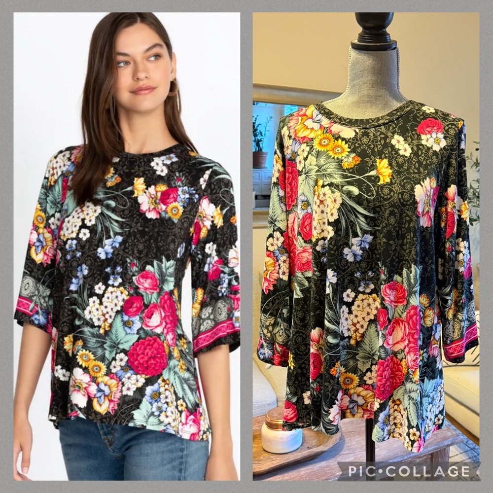 Johnny Was ONYX Crew Neck Floral Flower Sistine bell sleeve Top XL